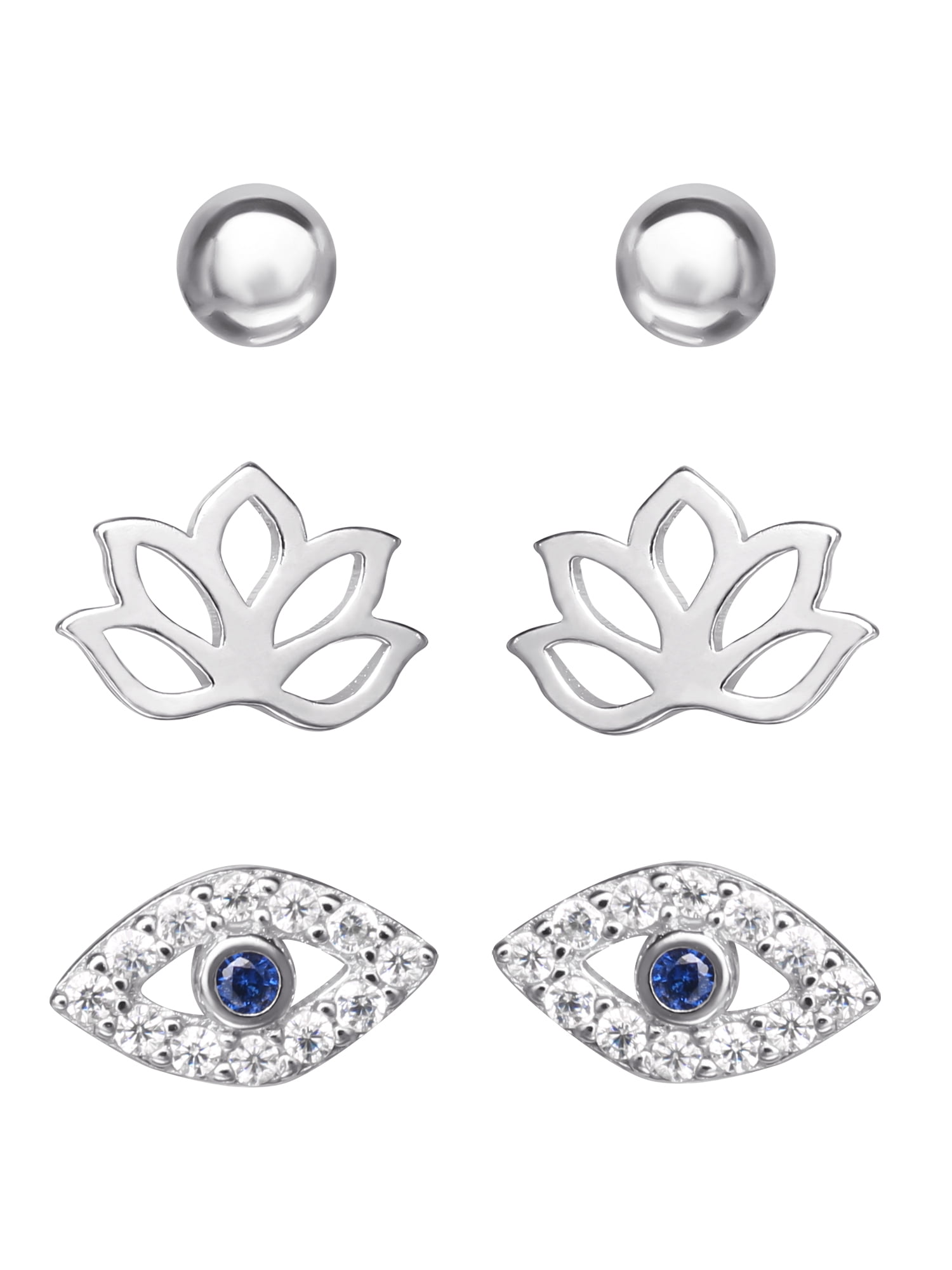Sterling Silver Earrings Set: Ball Stud, CZ Evil Eye, Lotus Flower - For Adults