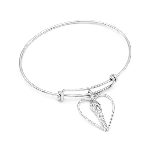925 Sterling Silver Soulmate Bracelet, Medium Bangle, Gift for Her, Heart Charm, Clear CZ Stone, Double Adjustable