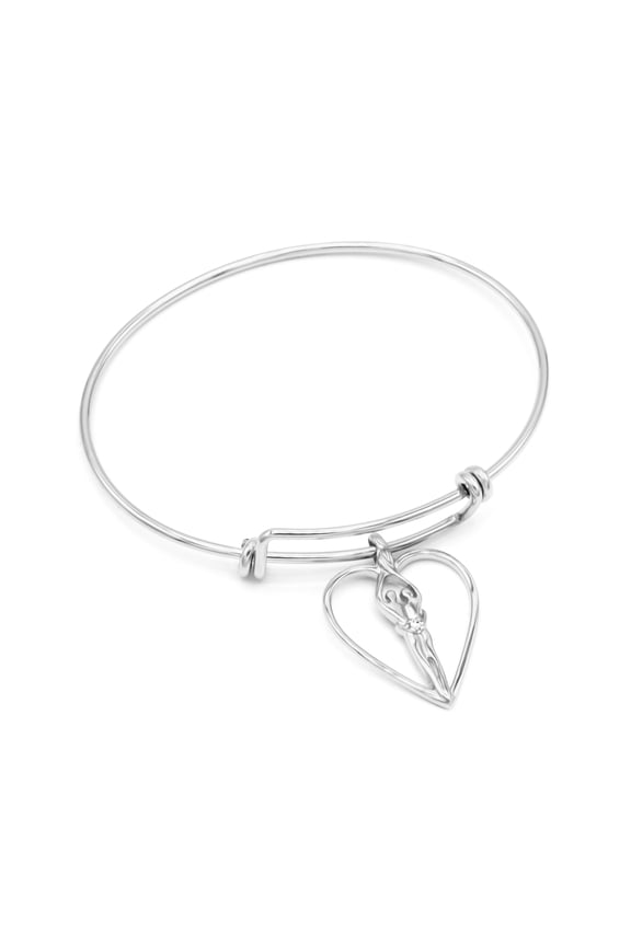 925 Sterling Silver Soulmate Bracelet, Medium Bangle, Gift for Her, Heart Charm, Clear CZ Stone, Double Adjustable