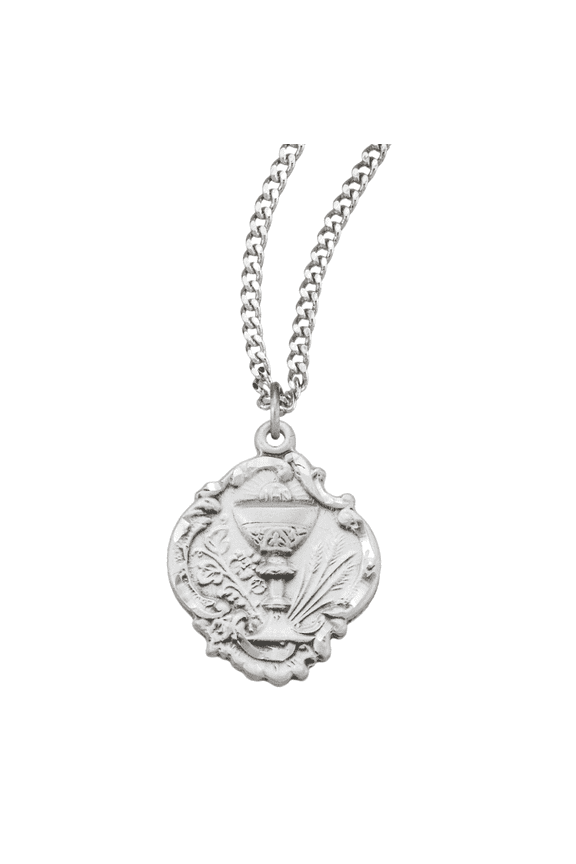 Sterling Silver Baroque Communion Chalice Pendant, 0.7" x 0.6", 18" Rhodium Plated Stainless Steel Chain Necklace, Made in USA, Deluxe Velvet Gift Box