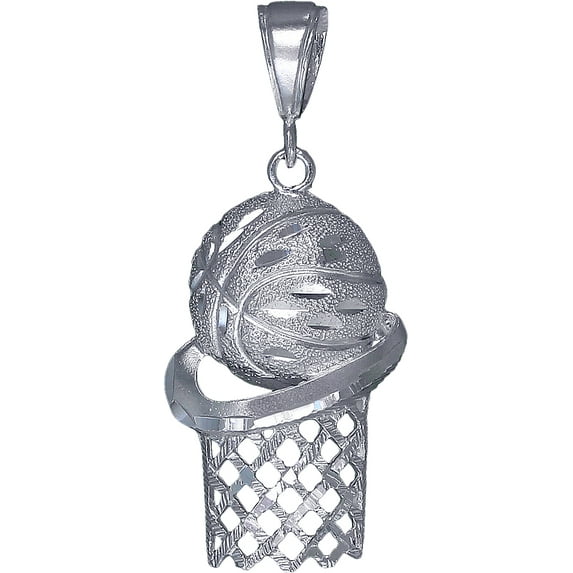 Sterling Silver Basketball Hoop Charm Pendant Necklace with Diamond Cut Finish and 24 Inch Figaro Chain