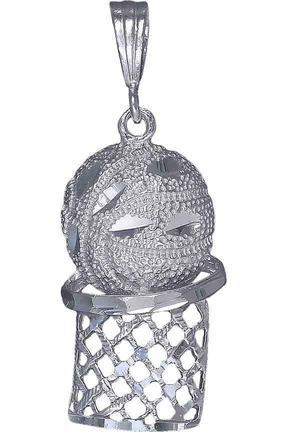 Sterling Silver Basketball Hoop Charm Pendant Necklace with Diamond Cut Finish and 24 Inch Figaro Chain