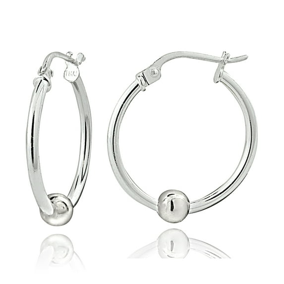 Sterling Silver Bead Round Hoop Earrings, 20mm