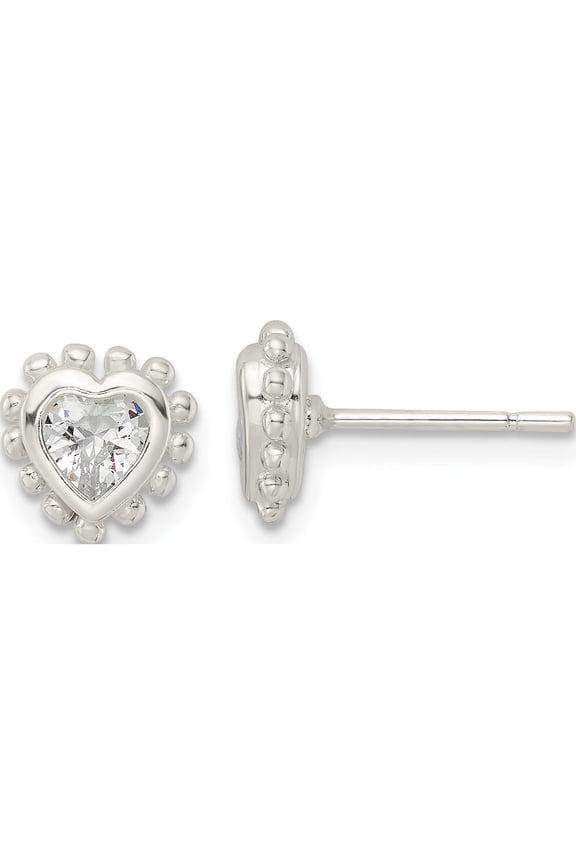Sterling Silver Beaded Edge Heart Cz Post Earrings (8.45 X 8.3) Made In India qe16122