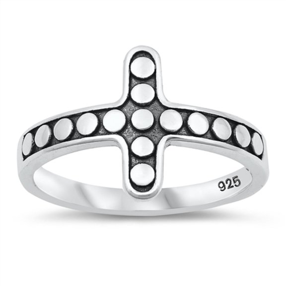 Sterling Silver Beaded Sideway Cross Ring Size 9