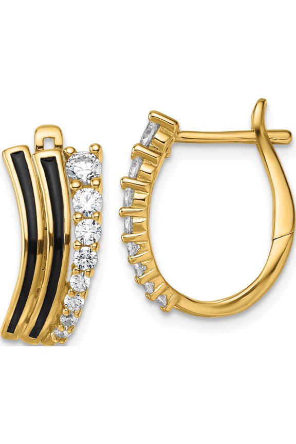 Sterling Silver Beautiful, Radiant Polished Cubic Zirconia (Cz) White Gold-Tone Black Enamel And Cz Hinged Hoop Earrings