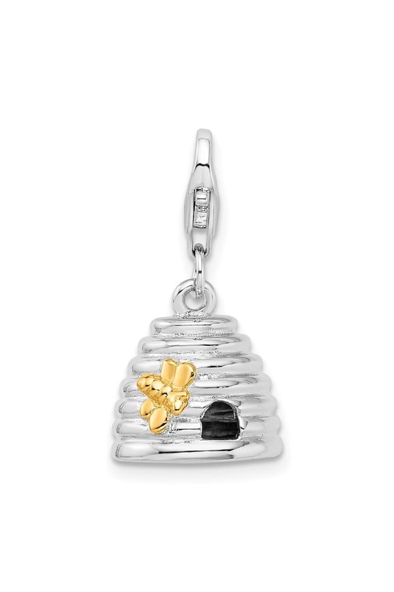 Sterling Silver Beehive Charm Pendant with Gold Bee Detail for Women, Nature Symbol with Lobster Clasp for Bracelets or Necklaces, Insect Jewelry Representing Hard Work and Community