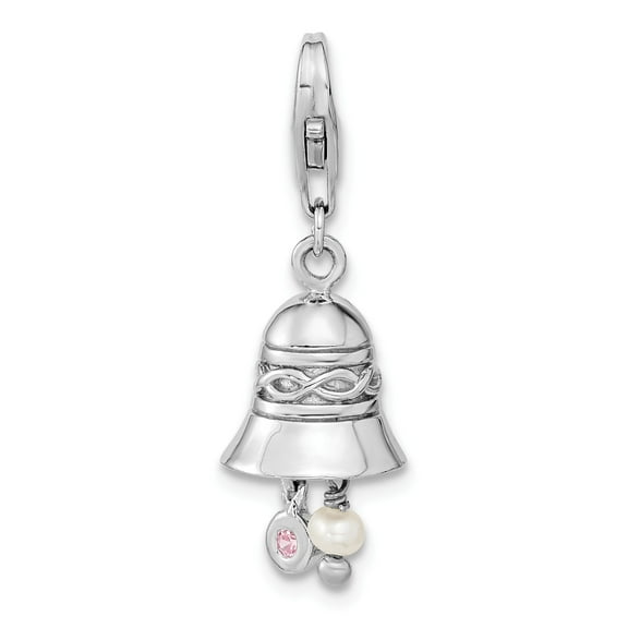 Sterling Silver Bell Charm Pendant for Women with Infinity Knot, Pearl and Pink Gemstones, Symbolic Spiritual Jewelry for Necklace or Bracelet