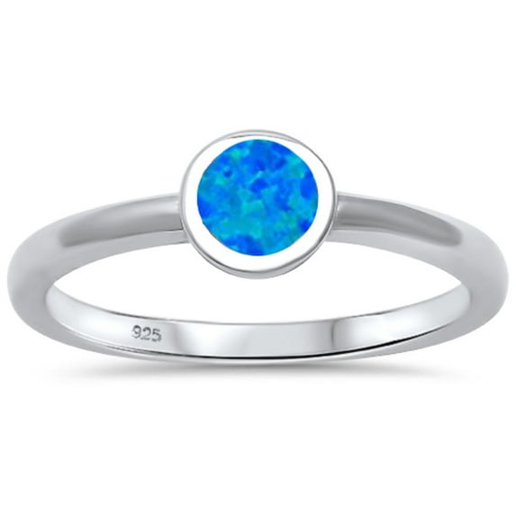 Sterling Silver Bezel Set Blue Synthetic Opal Simple Ring Size 5