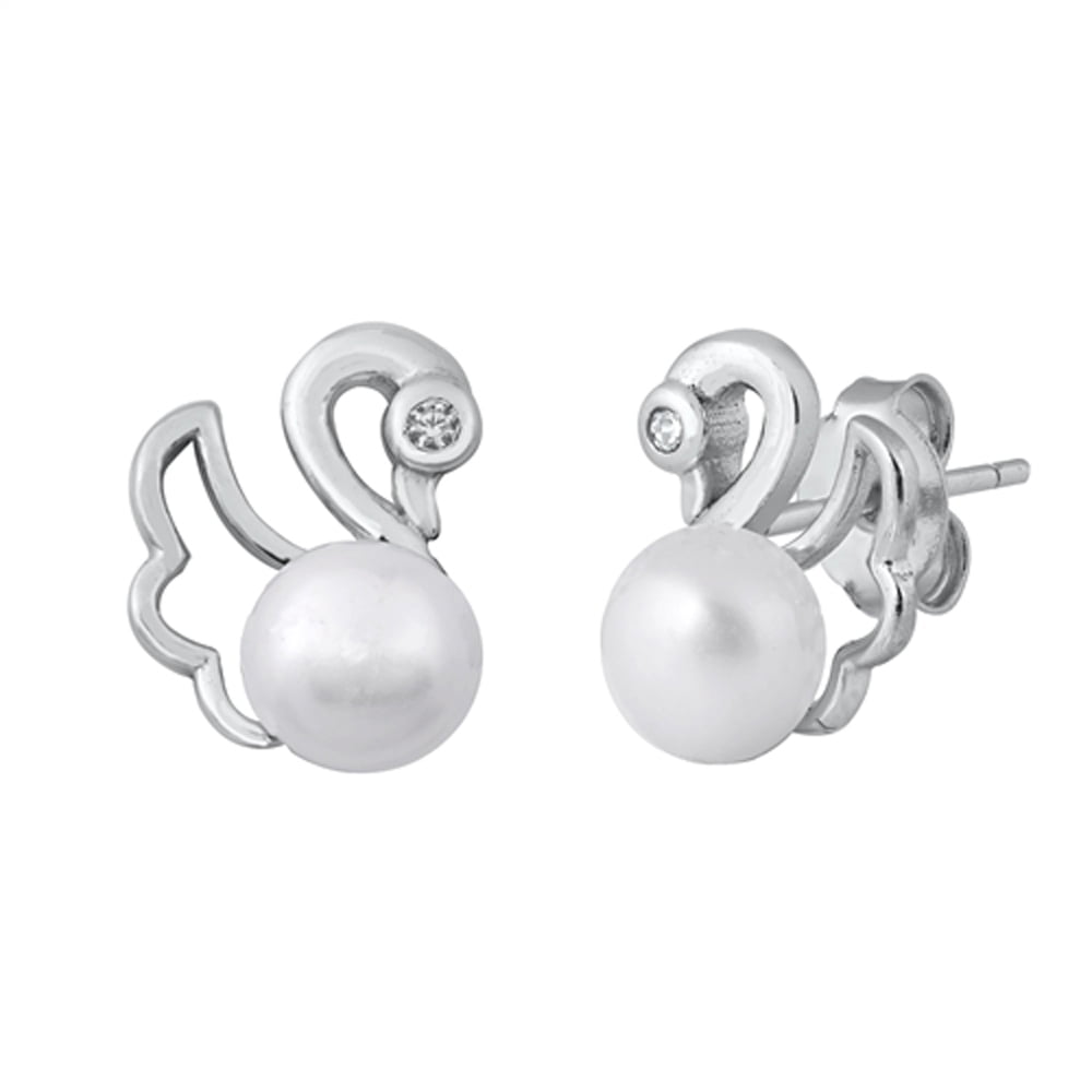 Sterling Silver Bird Swan Animal Earrings Simulated Pearl Clear Cubic Zirconia Jewelry Female Unisex