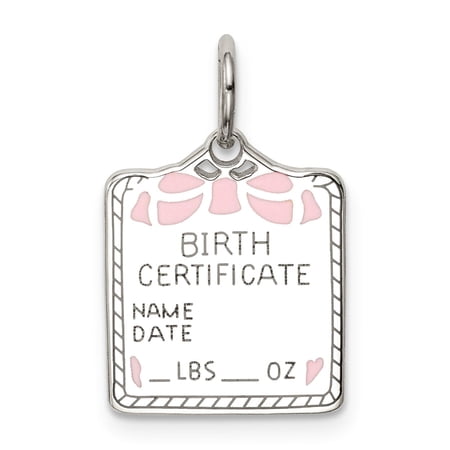 Sterling Silver Birth Certificate Pendant Necklace for Women with Pink Enamel Bow and Heart, Fillable Name Date Weight Charm, Motherhood Keepsake Jewelry for New Mom
