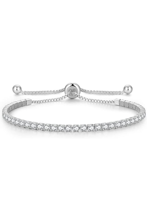 Sterling Silver Birthstone Tennis Bracelets for Women 2.5mm Tennis Bolo Bracelet Fashion Jewelry Birthday Gifts for Women Mom Wife | Adjustable Size 9"