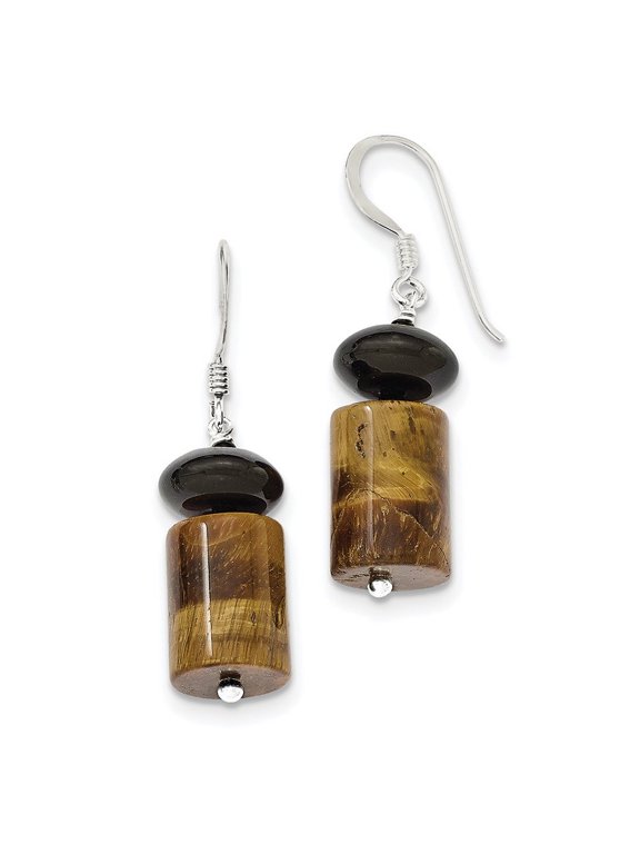 Sterling Silver Black Agate Black Glass Bead Tigers Eye Earrings - Measures 39x10mm Wide