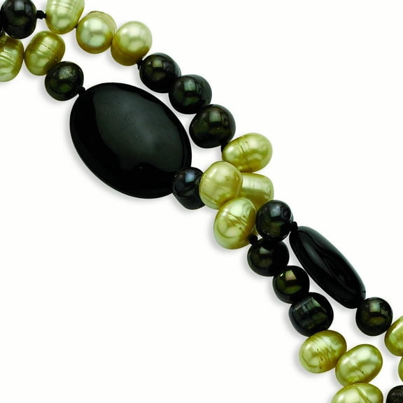 Sterling Silver Black Agate Freshwater Cultured Pearl Zebra Jasper Bracelet - 7 Inch