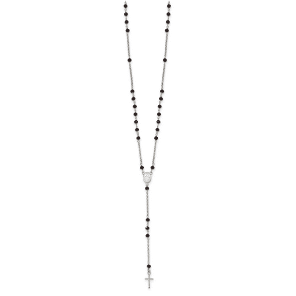 Sterling Silver Black Beaded Roseary with 1.25in .Extender Necklace