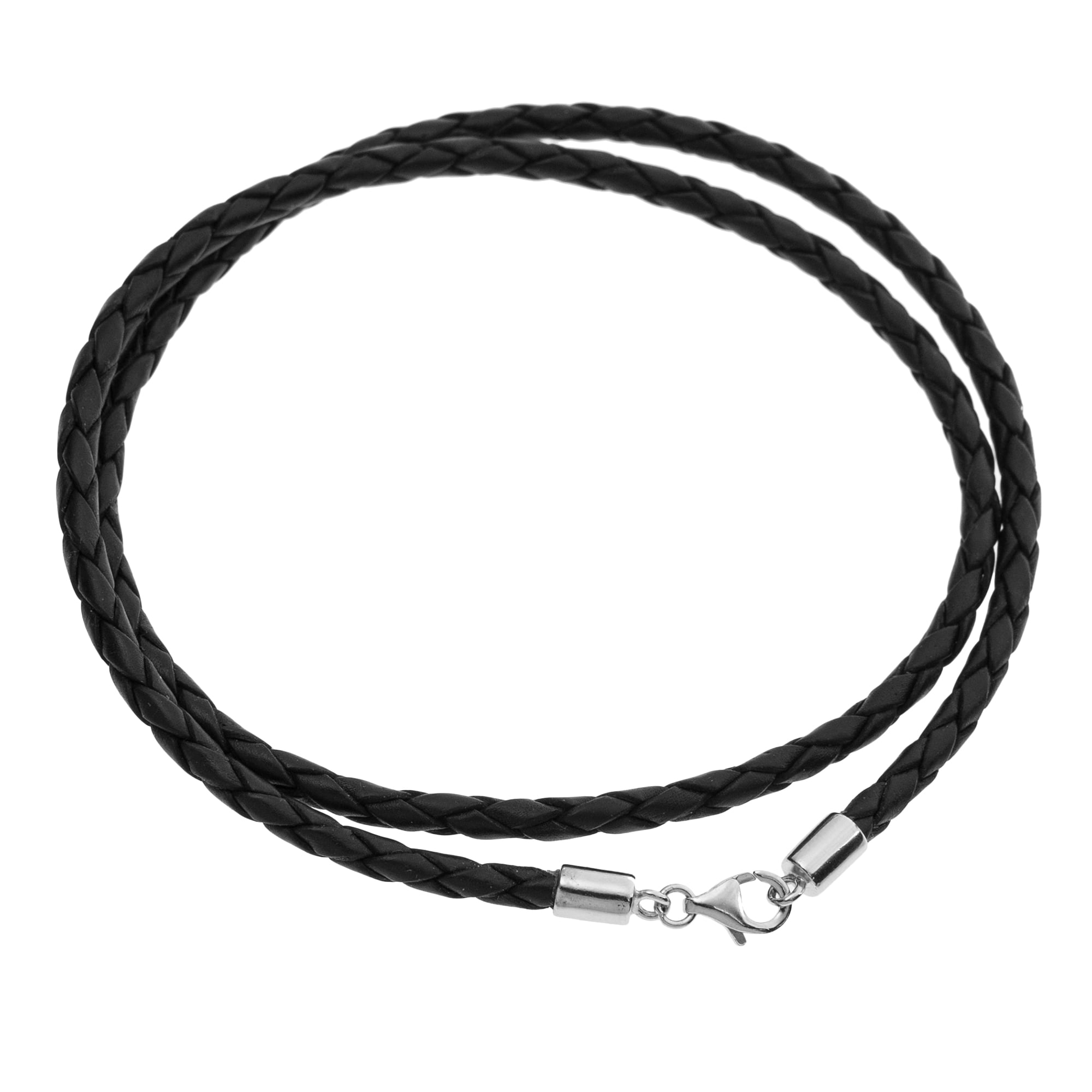 Queenberry Sterling Silver Black Bolo Braided Leather 3mm Cord Choker Necklace for European Bead Charms, 16"