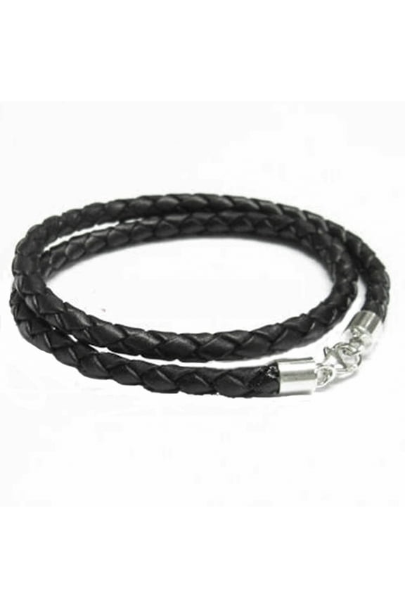 Sterling Silver Black Bolo Braided Leather 3mm Cord Choker Necklace for European Bead Charms, 20"