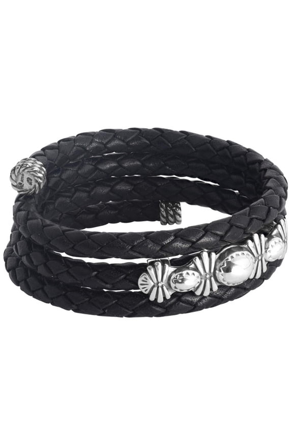 Sterling Silver Black Braided Leather Coil Wrap Bracelet One Size Fits Most