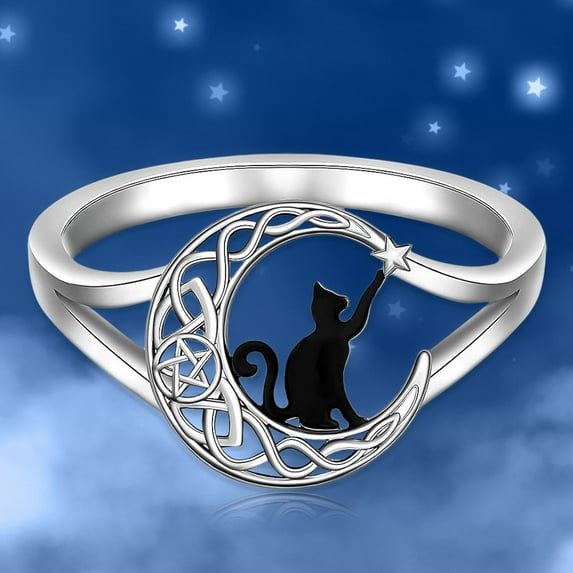 Sterling Silver Black Cat Ring Celtic Knot Crescent Moon Cat Matching Thumb Rings for Women Cute Kitty Animal Pentagram Pentacle Halloween Cats Lover Gifts Size