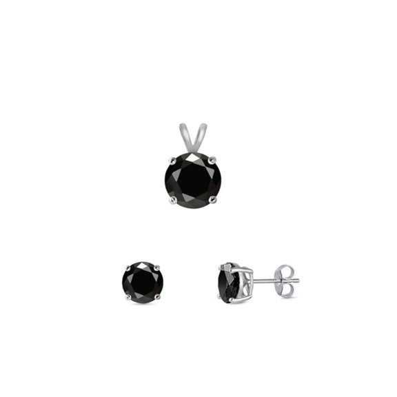 Sterling Silver Black Cubic Zirconia 4mm Earrings & 6mm Pendant Set 925 New Jewelry Female Unisex