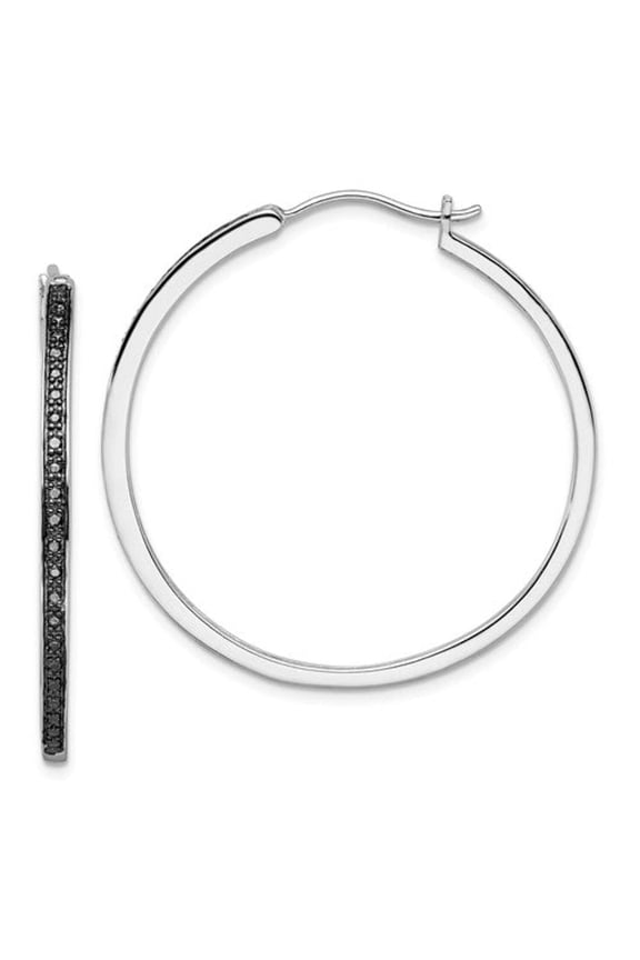 Sterling Silver Black Diamond 40mm Hoop Earrings