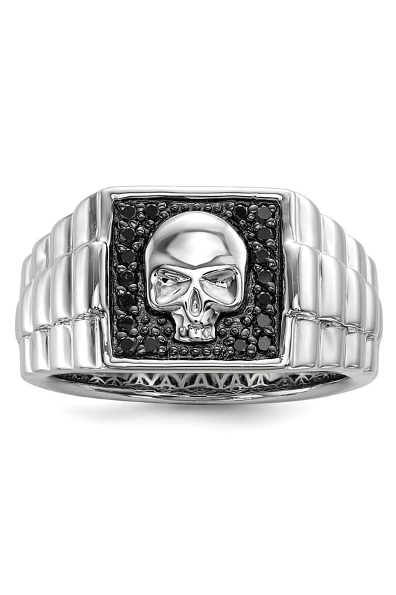 Sterling Silver Black Diamond Square Skull Mens Ring - .20 dwt - Size 9