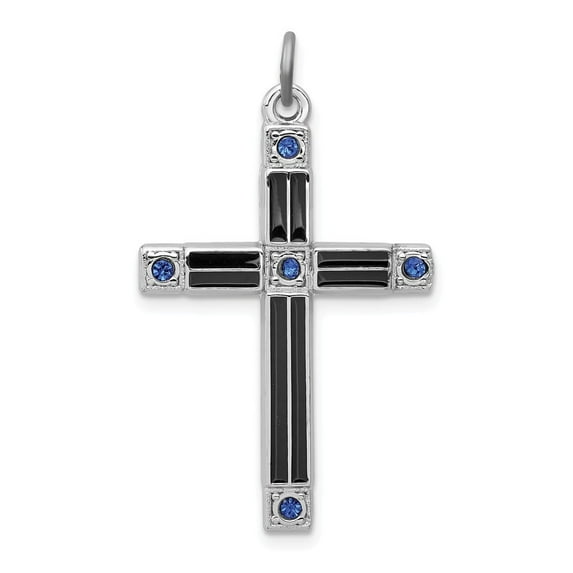 Sterling Silver Black Enameled Cross Pendant With Blue Cubic Zirconia - Measures 31x20mm Wide