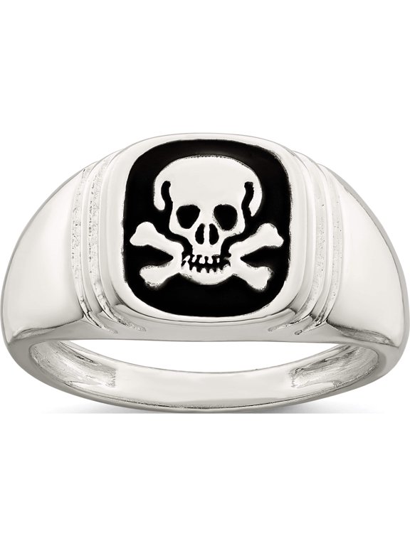 Sterling Silver Black Enameled Mens Skull and Crossbones Ring