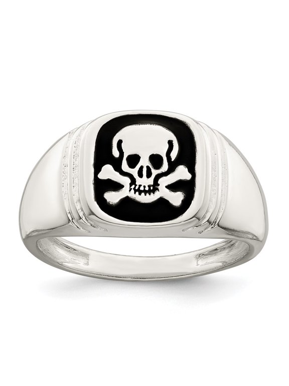 Sterling Silver Black Enameled Mens Skull and Crossbones Ring