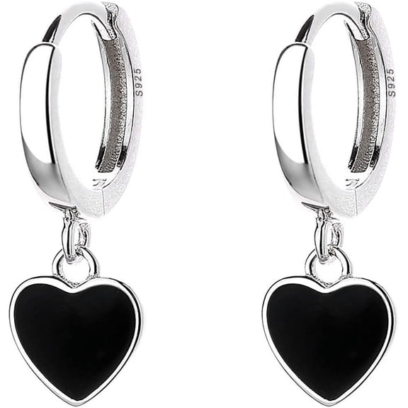 Sterling Silver Black Heart Hoop Earrings for Women Teens Love Heart Hoop Earrings Huggie