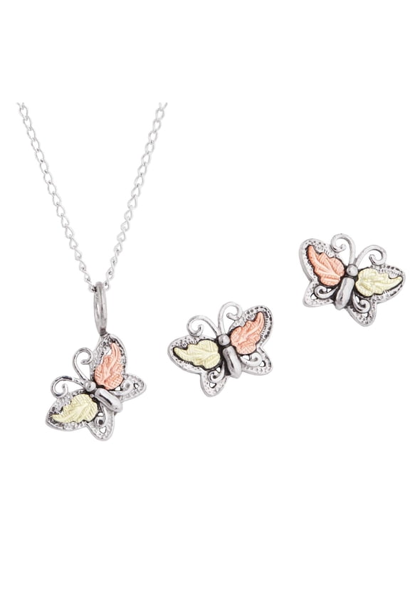 Sterling Silver Black Hills Gold Butterfly Pendant and Earring Set