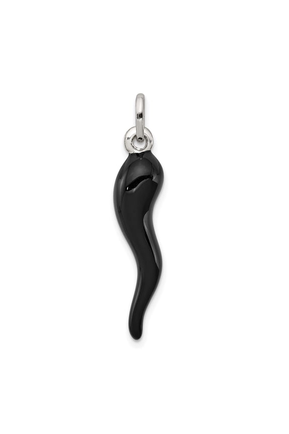 Sterling Silver Black Italian Horn Pendant Charm for Necklaces or Bracelets, Unisex Amulet Jewelry for Evil Eye Protection, Traditional Folk Talisman Symbol of Luck