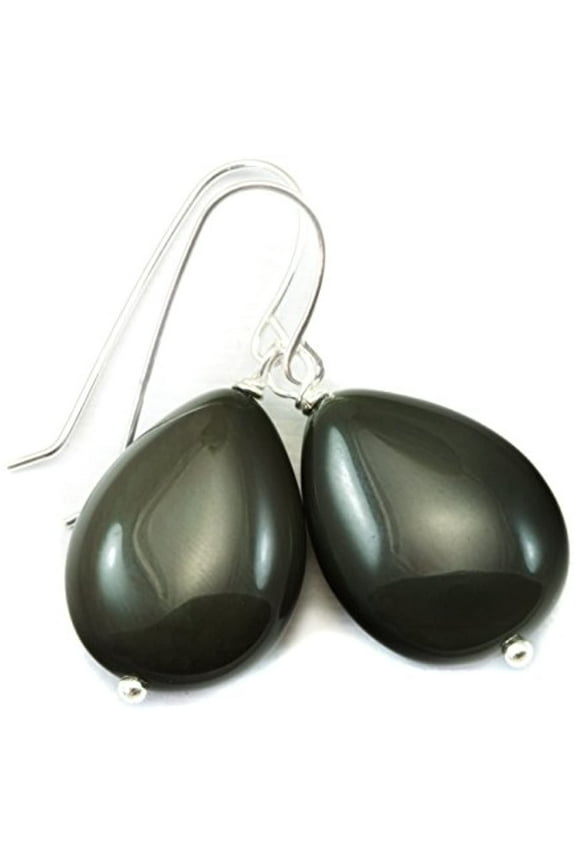 Sterling Silver Black Obsidian Earrings Rainbow Smooth Puffed Teardrops Shimmery Dangle Drops Designed for Adult Women
