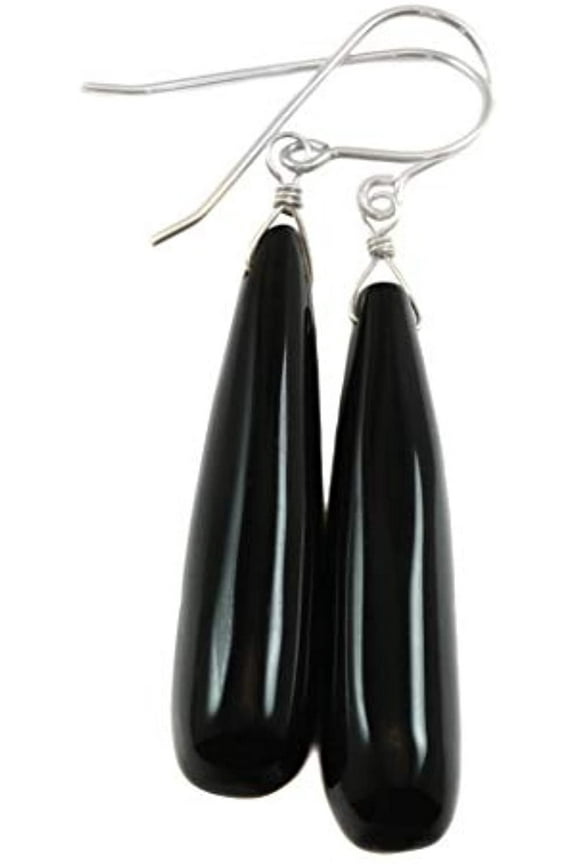 Sterling Silver Black Onyx Earrings Smooth Rounded Narrow Teardrop Large Long Drop Dangles, 2.1" Designed for Adult Women