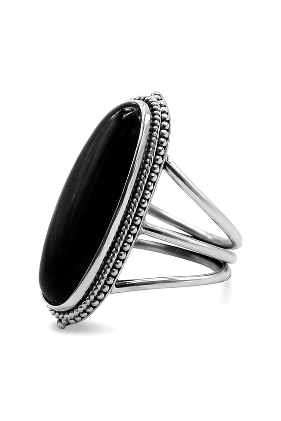 Black Onyx Statement Silver Plated Ring, Handcrafted Bezel Setting, Oval Cabochon,