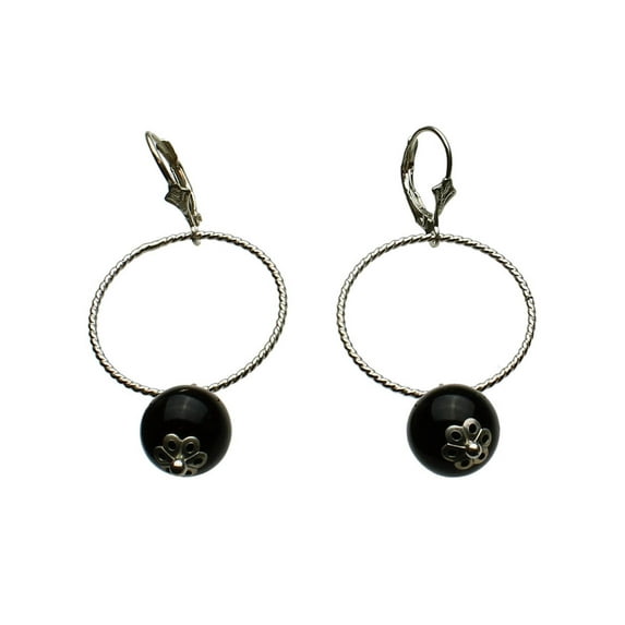 Sterling Silver Black Onyx Stone Large Circle Link Leverback Earrings
