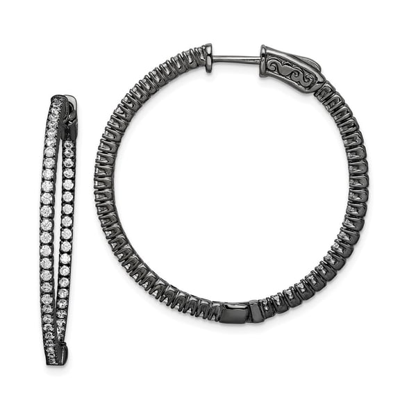 Sterling Silver Black Plated With Cubic Zirconia Round Hoop Earrings - Measures 32x33mm Wide 2mm Thi