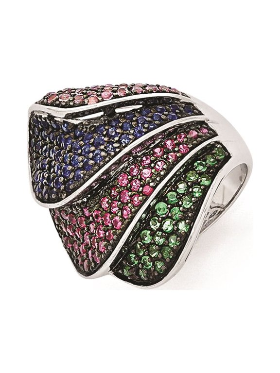 Sterling Silver Black Rhodium Blue/Grn Glass Lt & Drk Synth. Ruby Ring