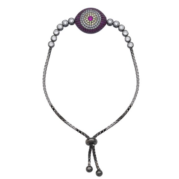 Sterling Silver Black Rhodium Plated Adjustable Cubic Zirconia Evil Eye Bracelet - 9.50 Inch