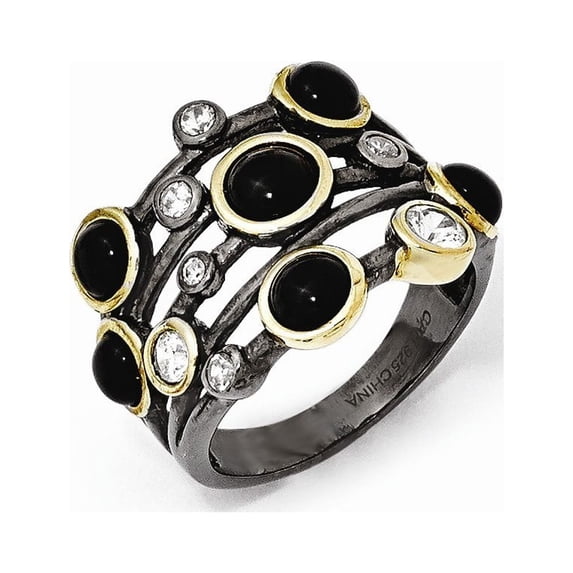 Sterling Silver Black Rhodium With Gold-plating Simulated Onyx and CZ Ring - Size 8 - Measures 18.8mm Wide