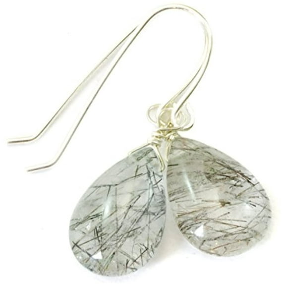 Sterling Silver Black Rutile Quartz Earrings Smooth Rutilated Teardrop Tourmalated Dangle Drops Designed for Adult Women