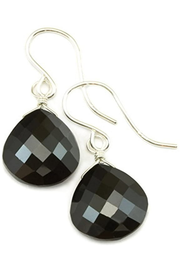 Sterling Silver Black Spinel Earrings Heart Shaped Faceted Simple Briolette Drops