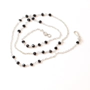 Sterling Silver Black Spinel Necklace Smooth Gems Beaded Silvertone Chain Link 18"