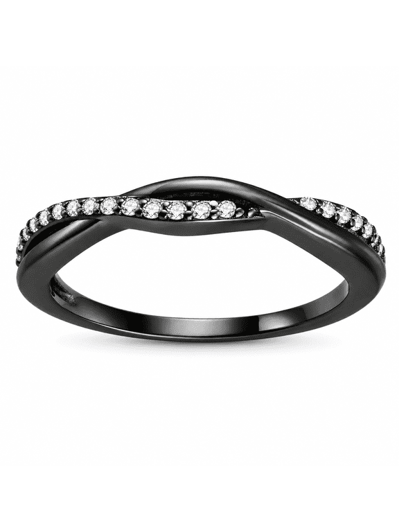 Queena Black Rhodium Plated Sterling Silver Wedding Band Clear Cubic Zirconia Half Eternity Twist Ring Size 8 for Women by Ginger Lyne