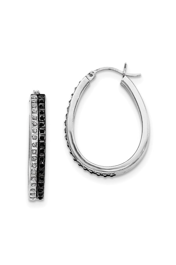 Sterling Silver Black & White Diamond Oval Hinged Hoop Earrings