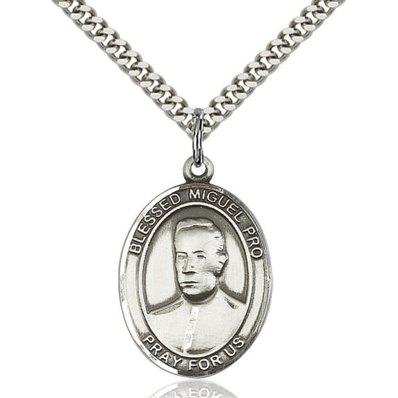 Sterling Silver Blessed Miguel Pro Pendant 1 x 3/4 inches with Heavy Curb Chain