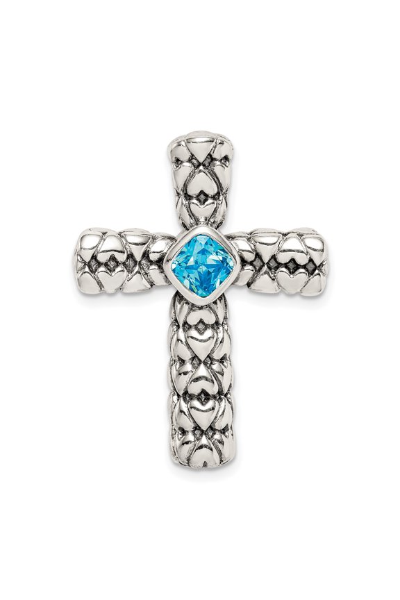 Sterling Silver Blue CZ Cross Chain Slide QC9383