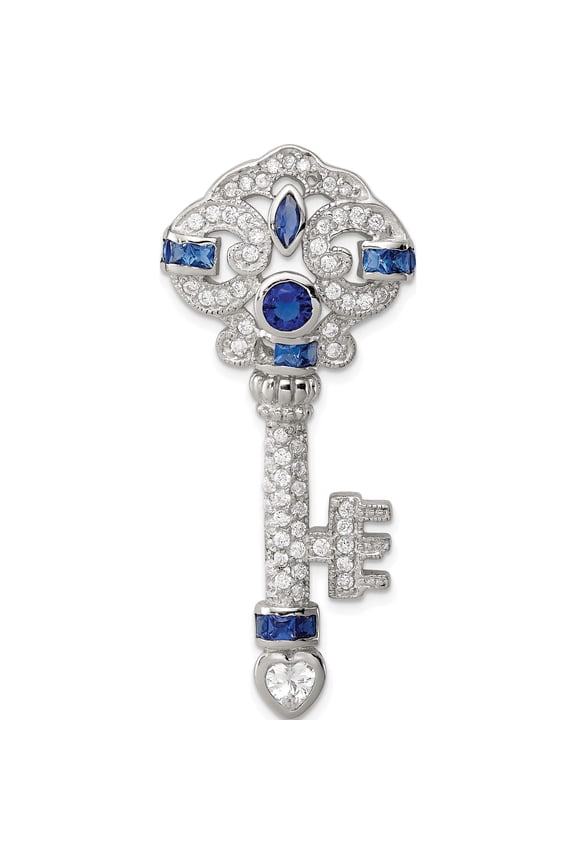 Sterling Silver Blue & Clear Cz Key Slide (48 X 21) Made In Thailand qp949