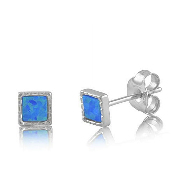 Sterling Silver Womens Small Square Blue Opal Stud Earrings