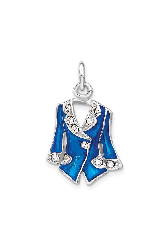 Sterling Silver Blue Enamel Jacket Charm Pendant with Crystals for Women or Unisex, Fashion Symbol for Bracelet or Necklace, Collectible Style Jewelry Accessory